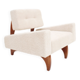 Pair of Italian Contemporary Walnut Armchairs with White Bouclé Upholstery
