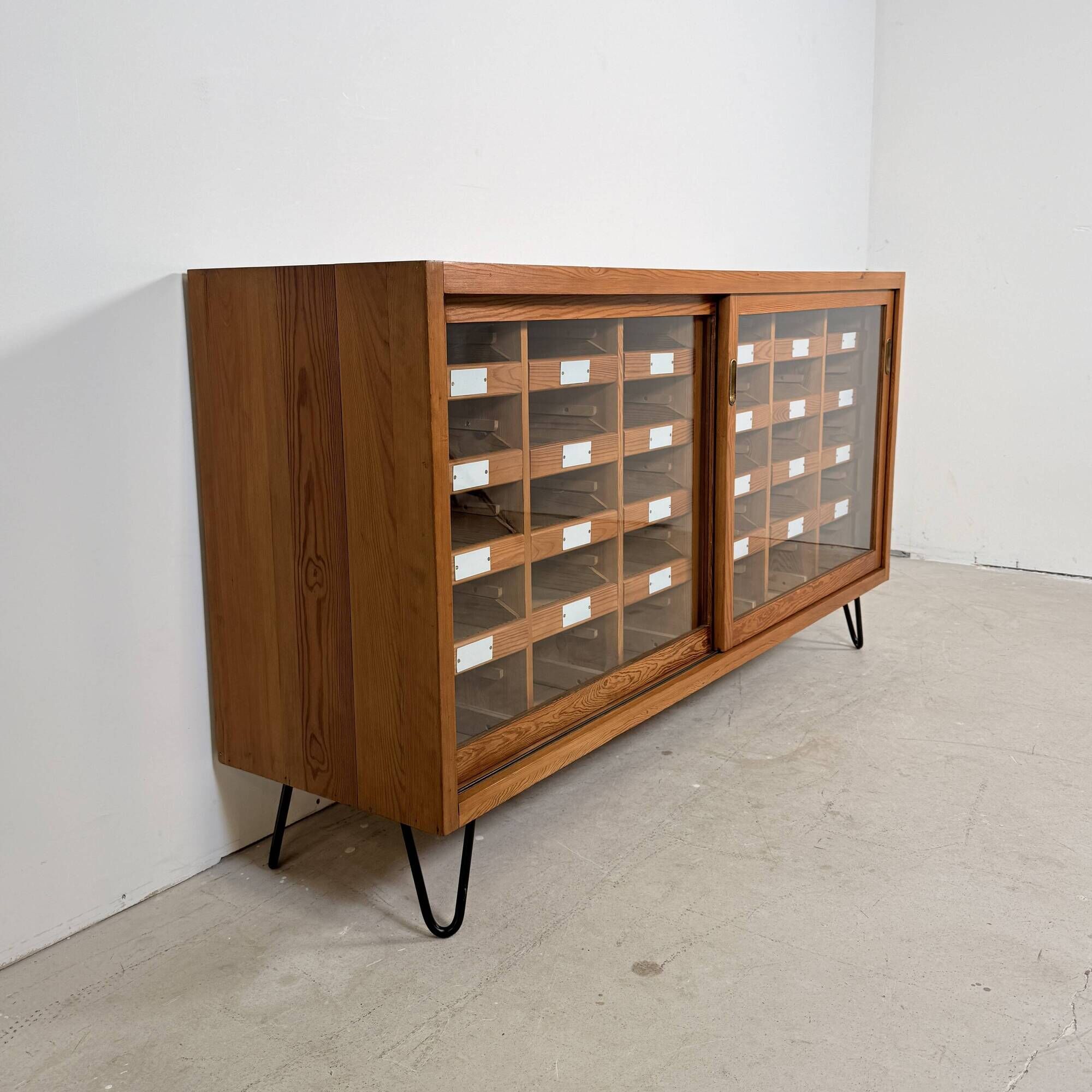 Vintage German Pine Sideboard / Sorting Cabinet with 24 Drawers & Glass Sli