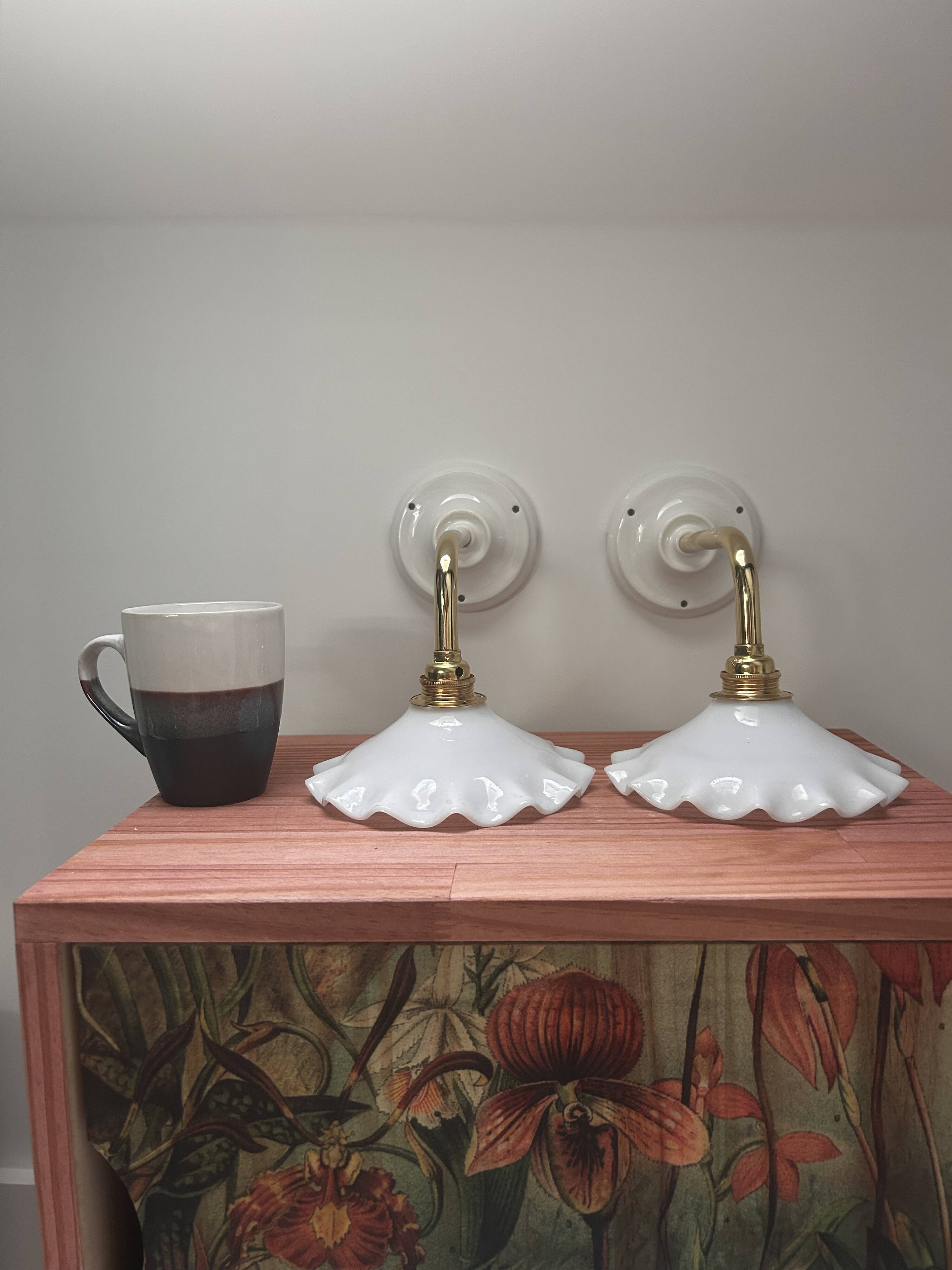 Pair: white opaline wall lights