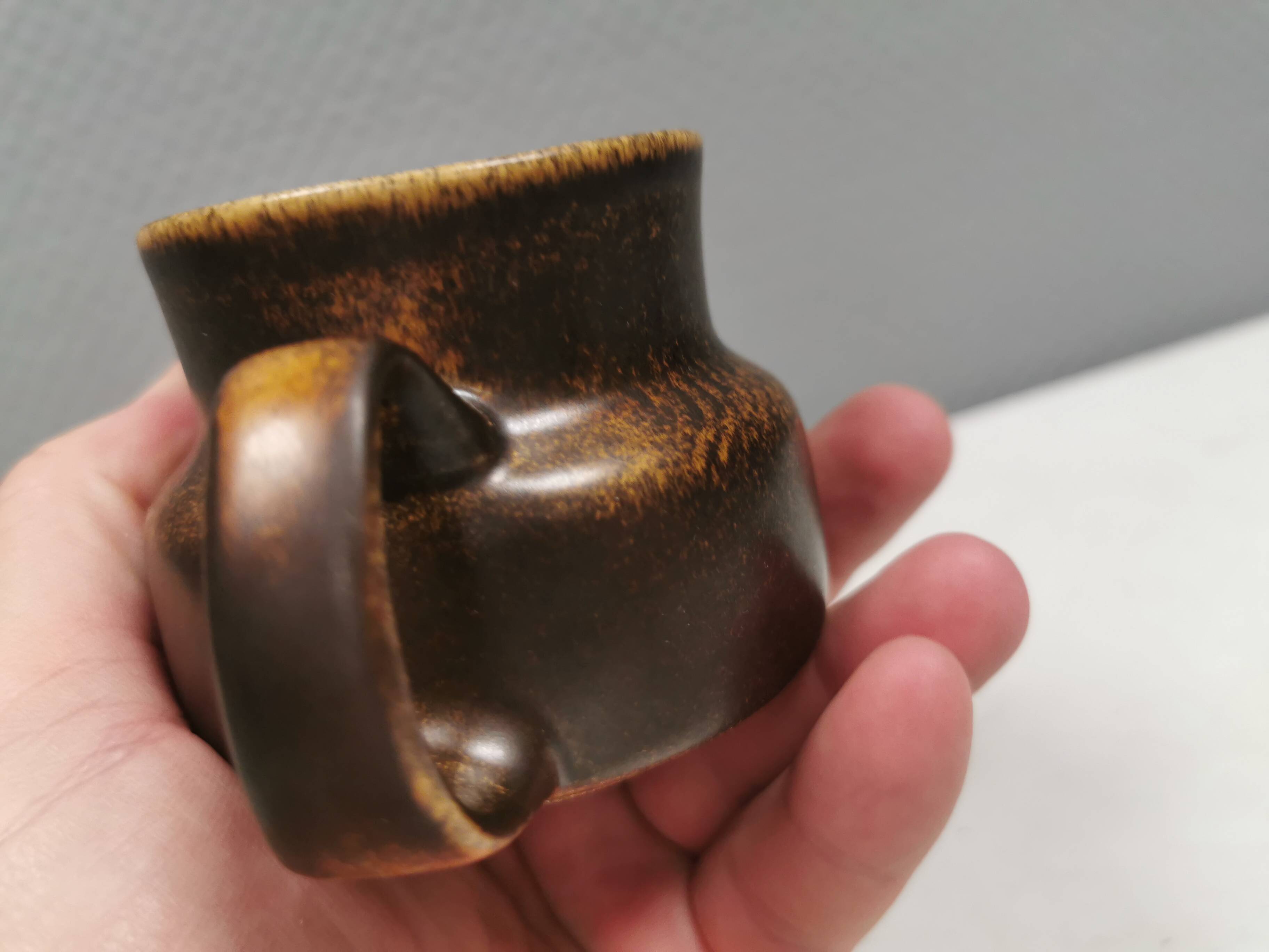 Very nice cream jug in hare fur glaze, Danish and from the 1970-80s.