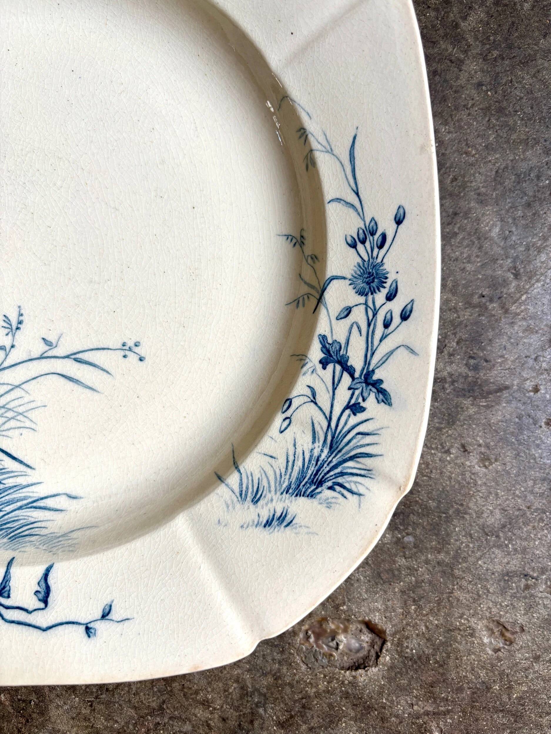 Blue ironstone hollow plate from Gien, "Birds" service circa 1870 no. 4