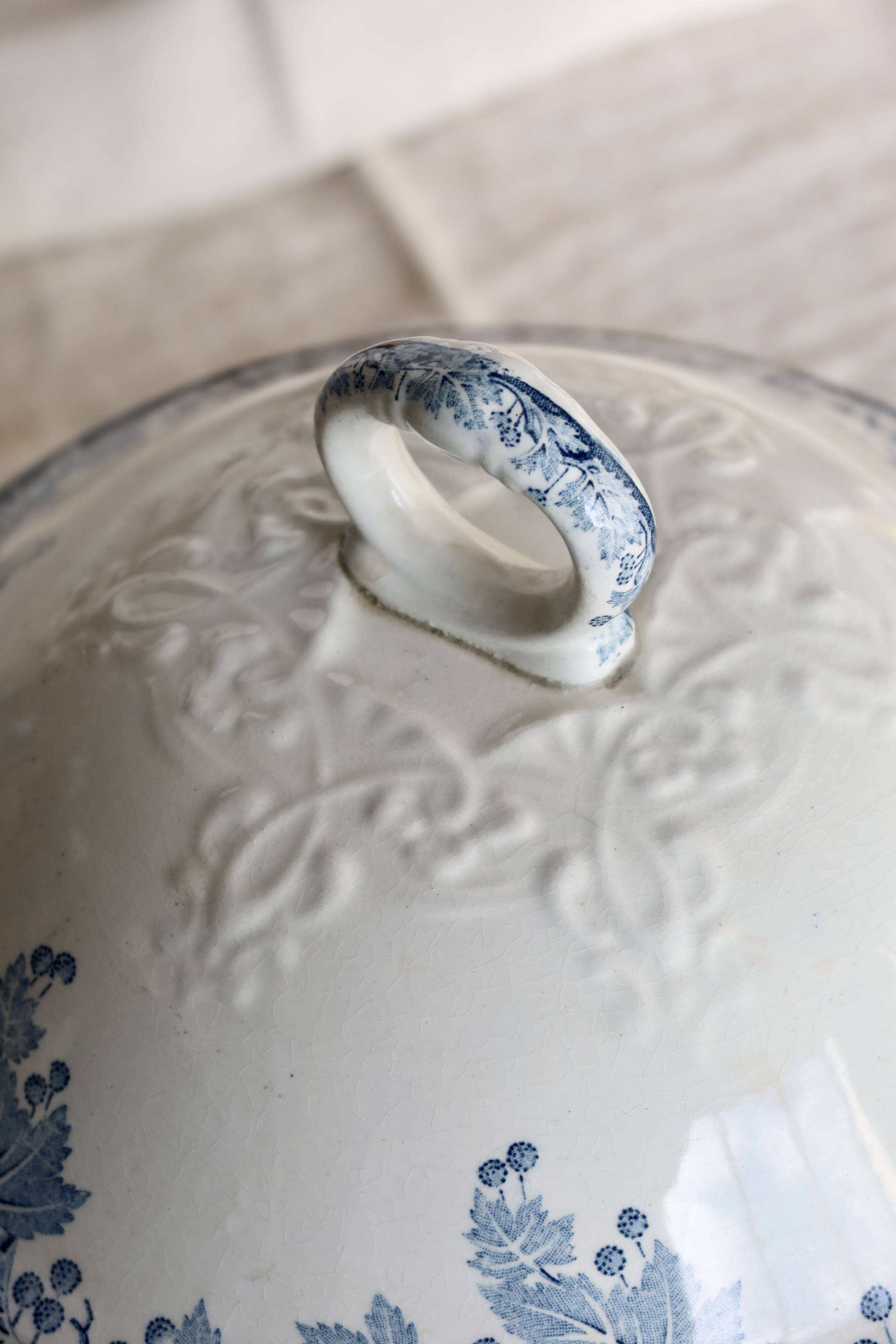Vintage soup tureen, ironstone, Saint Amand Hamage Nord, Platane blue model.