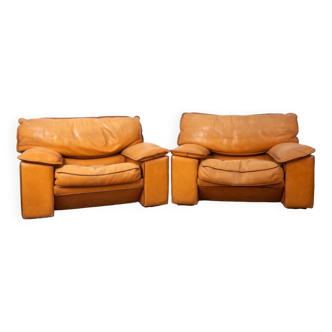 Paire de fauteuils vintage années 70 en cuir beige design ferruccio brunati