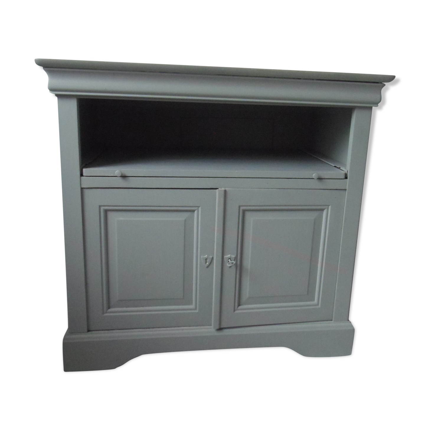 Louis Philippe-style storage furniture with grey wood tray, it is composed of a niche with sliding tray and below a storage closed by 2 doors.