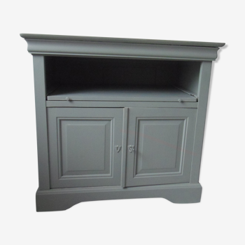 Meuble de rangement style Louis Philippe  vert de gris plateau bois ,il est composé d'une niche avec plateau coulissant et au dessous un rangement fermé par 2 portes