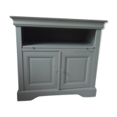 Meuble de rangement style Louis Philippe  vert de gris plateau bois ,il est composé d'une niche avec plateau coulissant et au dessous un rangement fermé par 2 portes