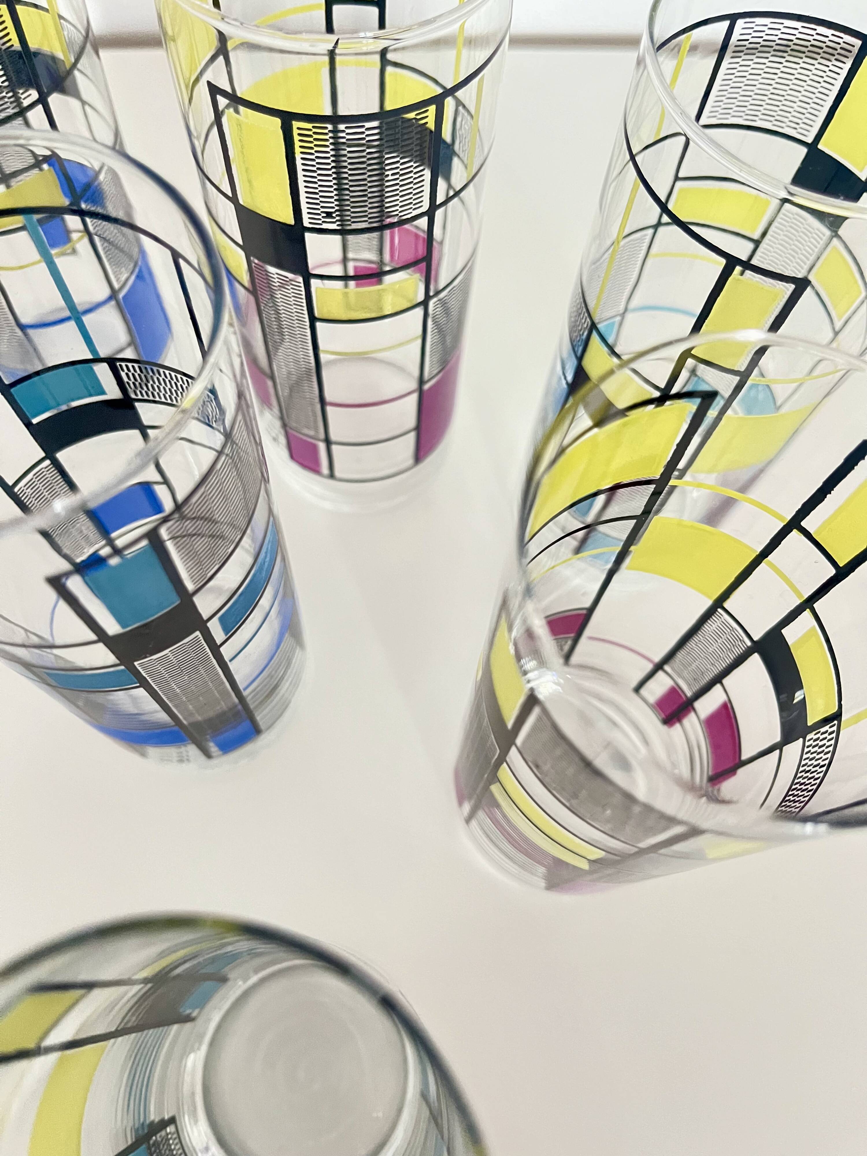 Set of 6 Vintage Hand-Painted Tall Glasses, USA 1950s-60s