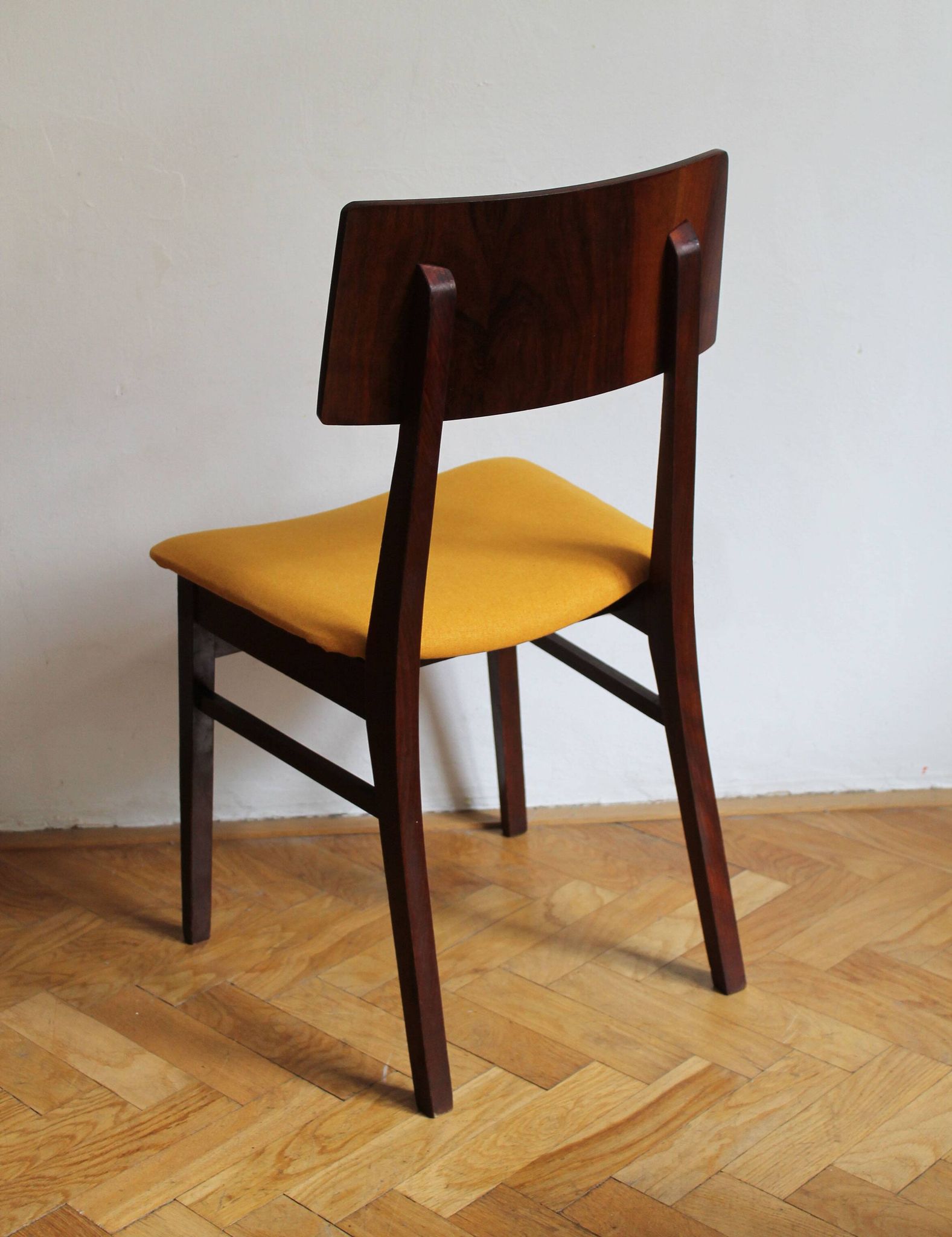 Vintage dining chair from the 1960s, Scandinavian style, wood and fabric.