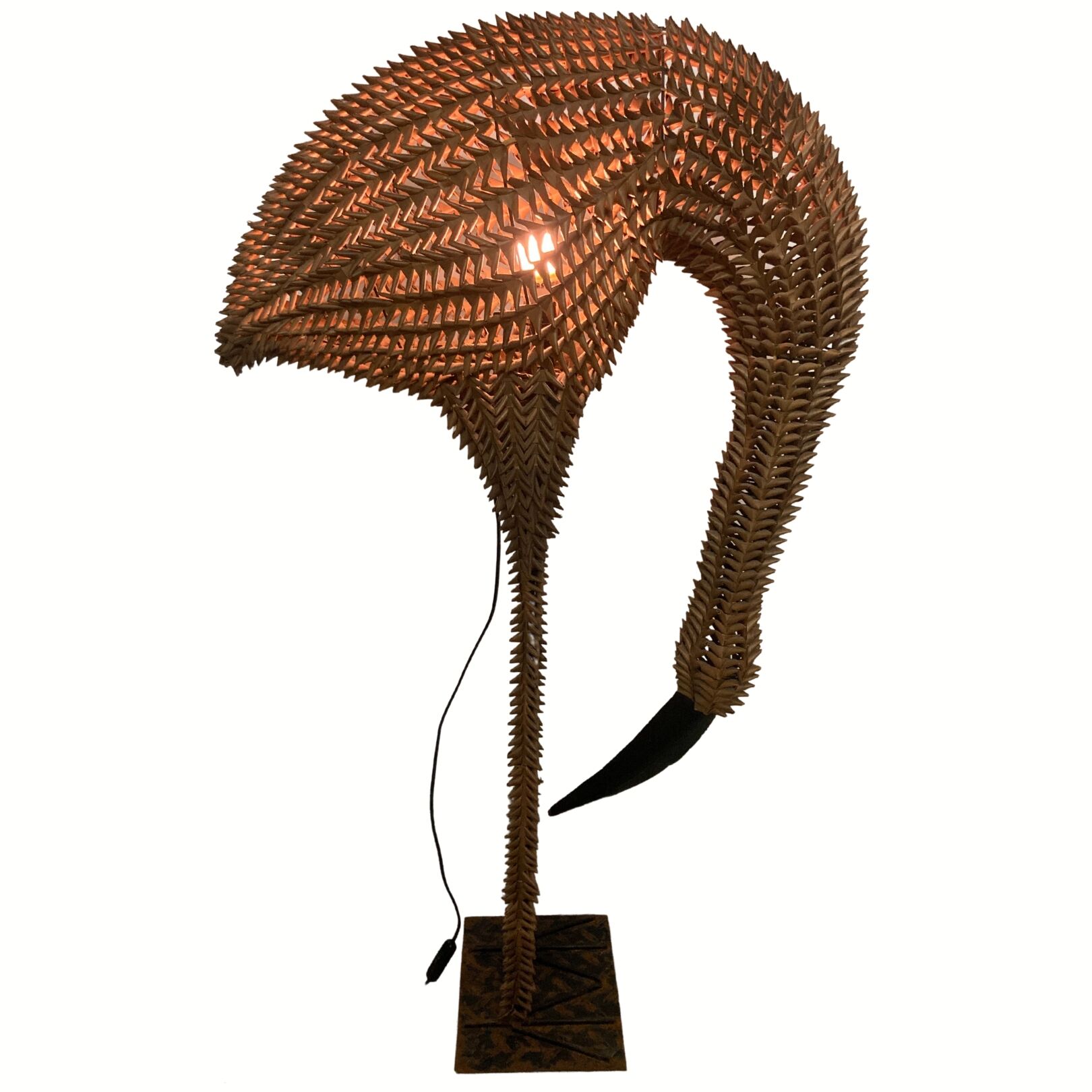 1960s bamboo rattan wicker crane flamingo bird lamp, USA