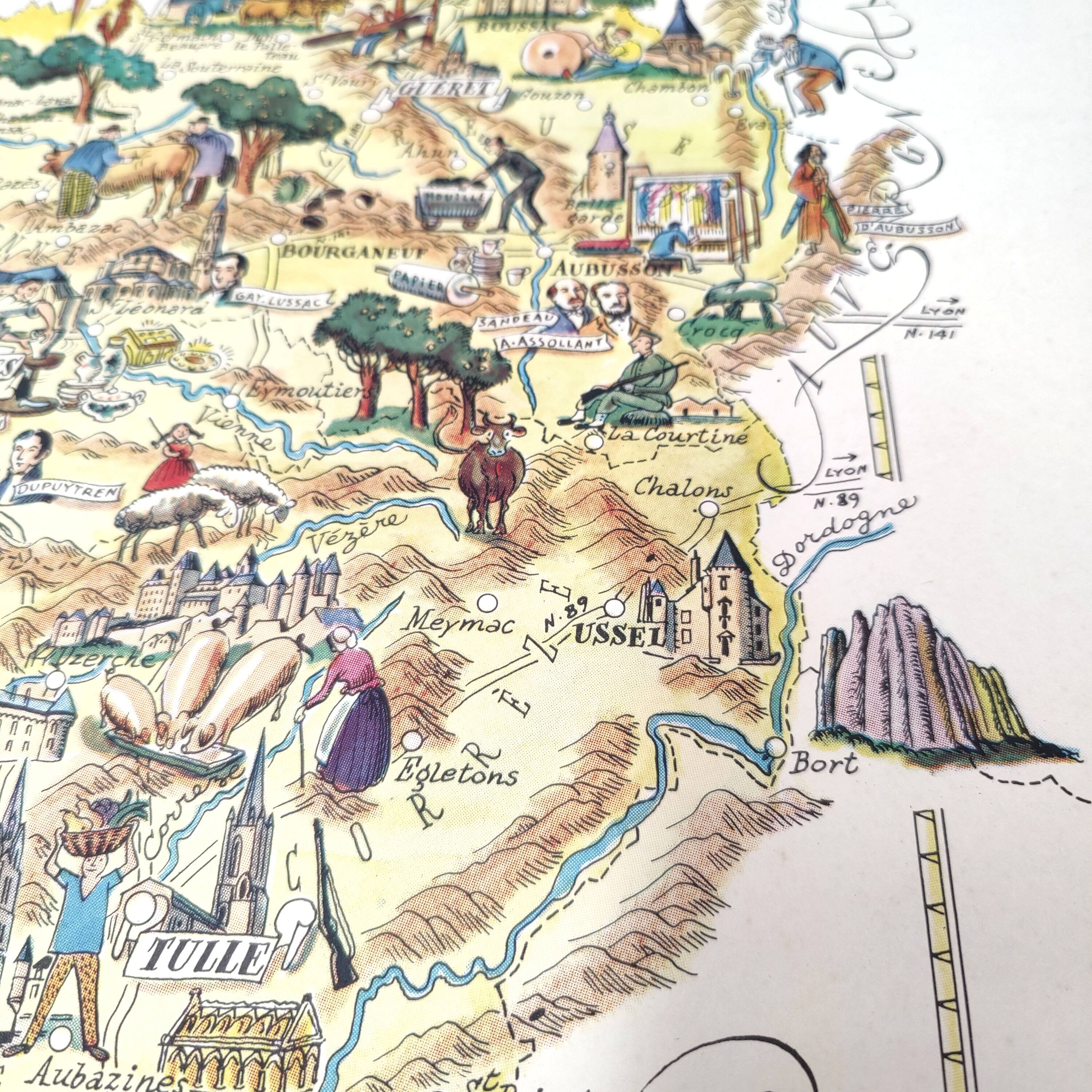 Old Limousin map illustrated Jacques Liozu 1951