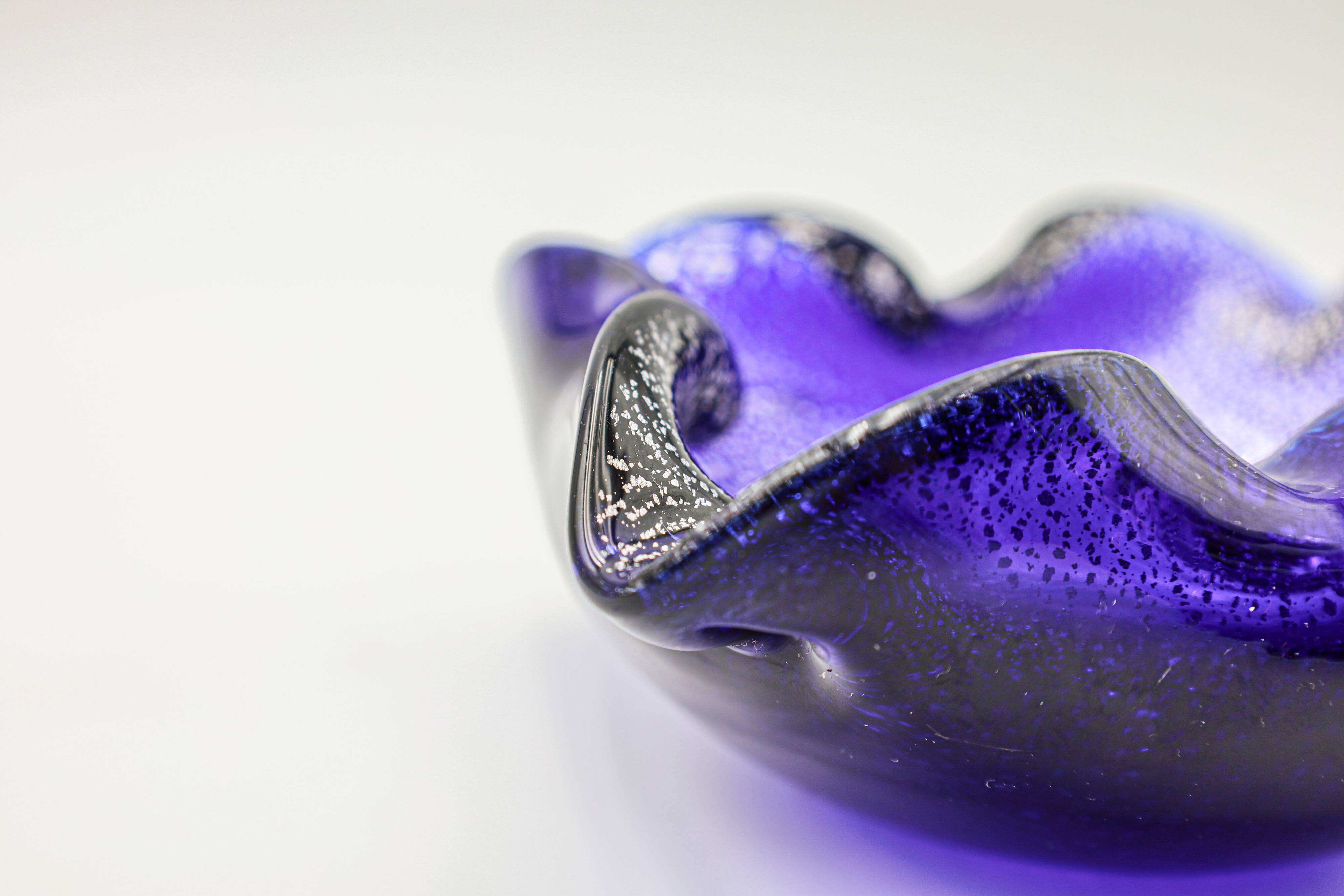 Murano ashtray blue glass silver inclusions