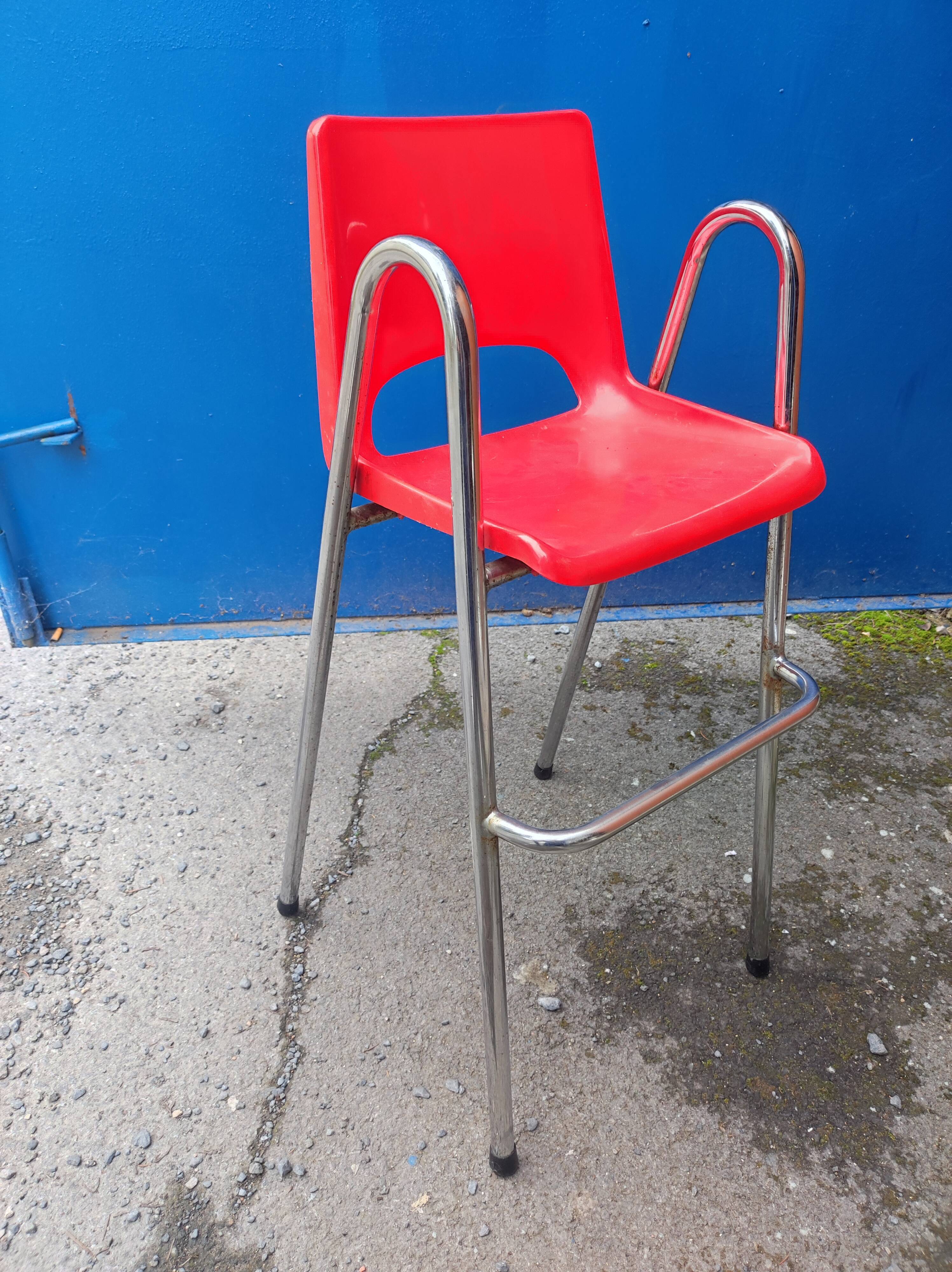 Children's high chair design chrome metal and vintage plastic