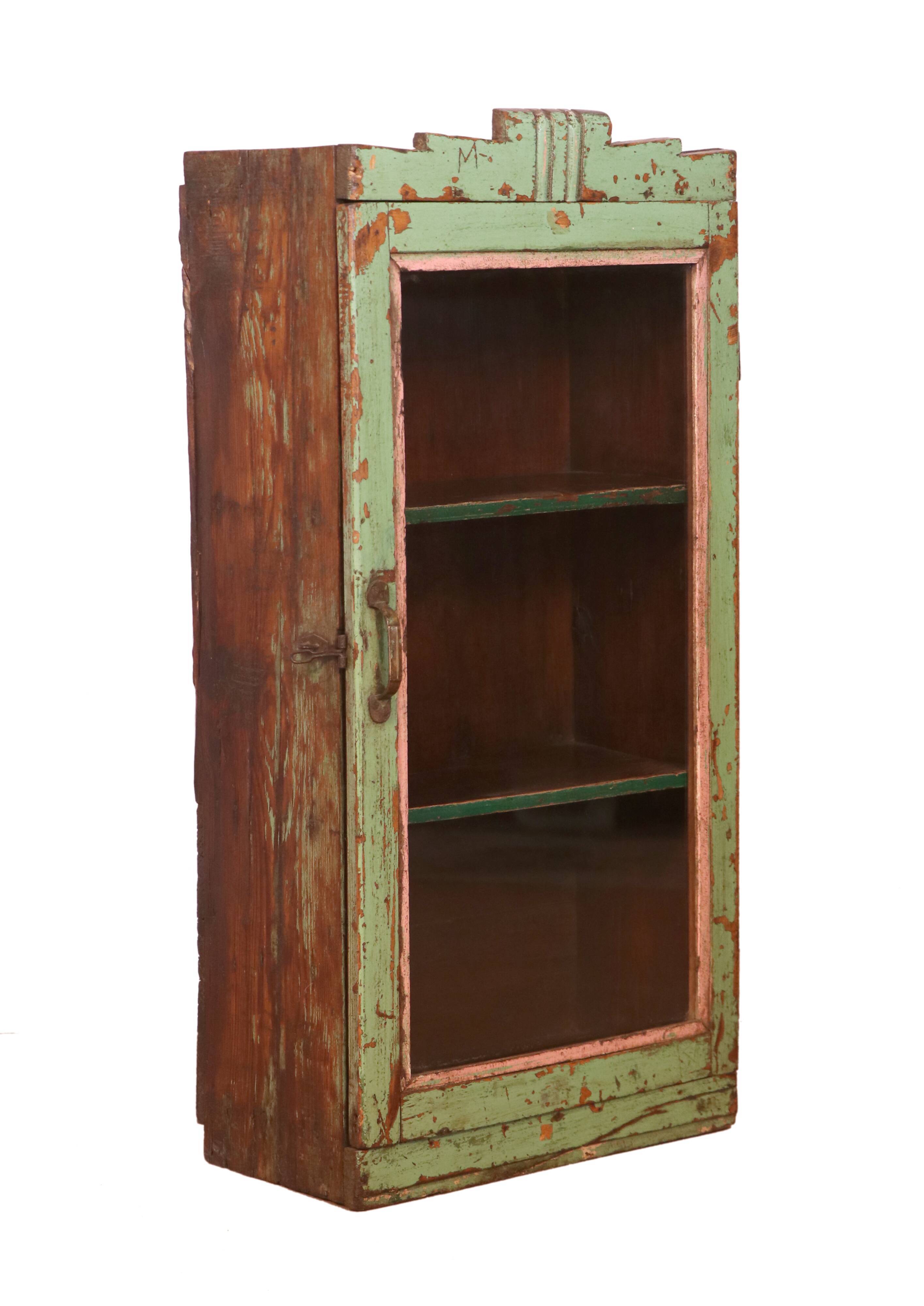 old Art Deco wall display case in original green teak