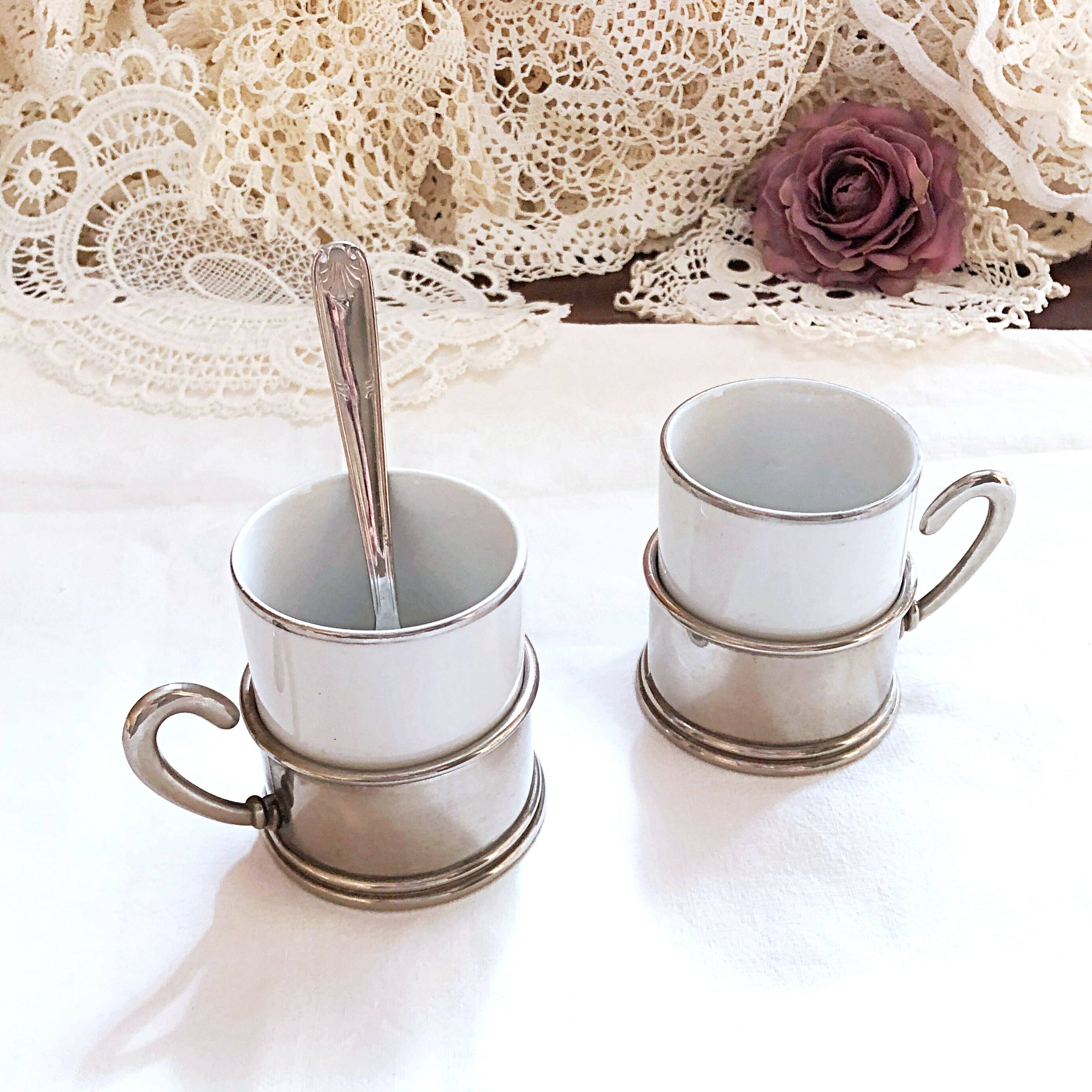Duo Italian Porcelain Cups with Vintage Monopoly Pewter Holder