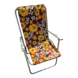 Chaise de camping pliable vintage en toile imprimé fleurs marron jaune 70