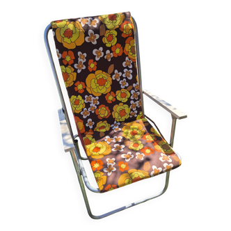 Vintage folding camping chair in canvas with brown and yellow flower print 70s