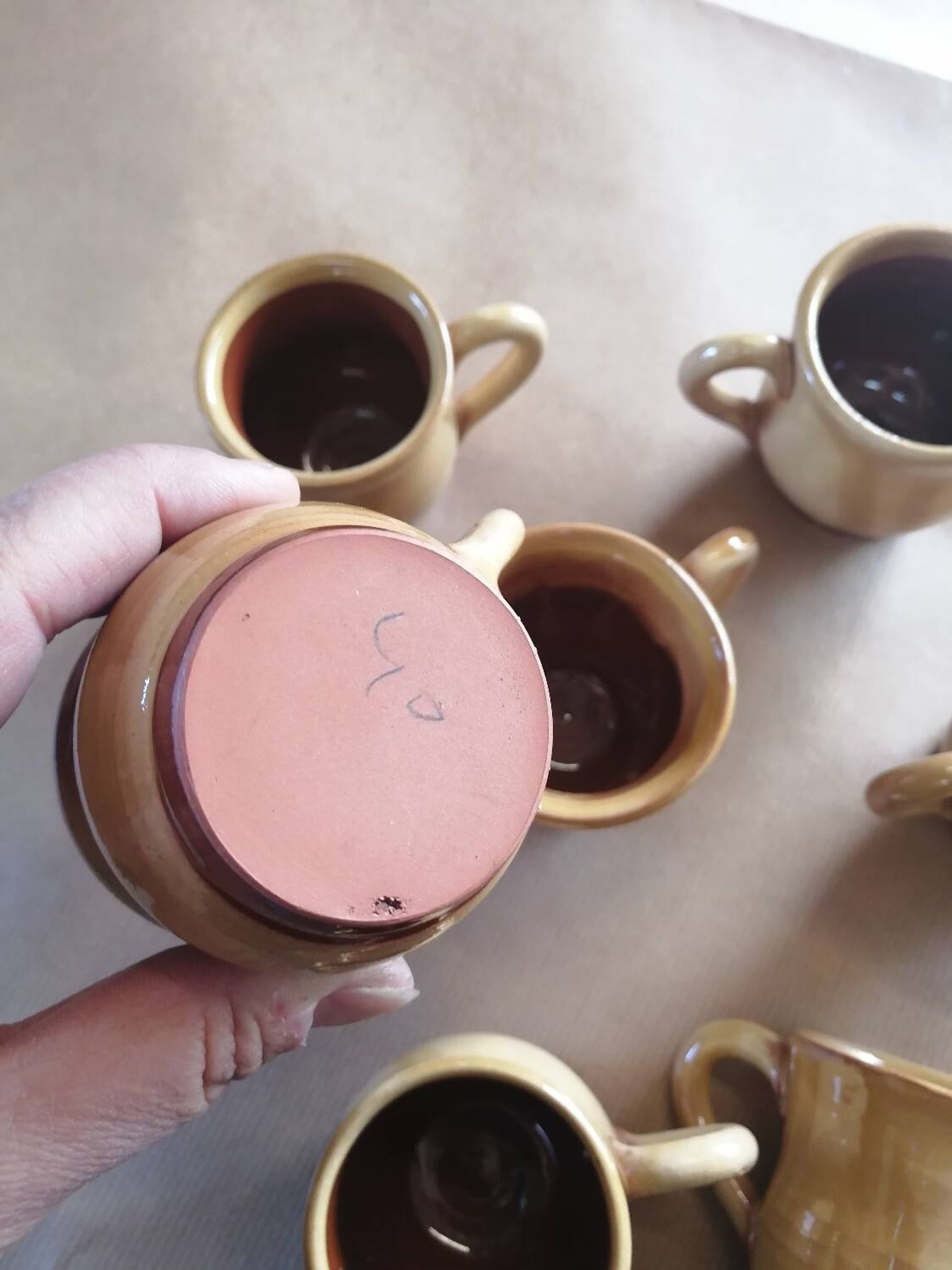 Set of 7 vintage stoneware yellow coffee cups
