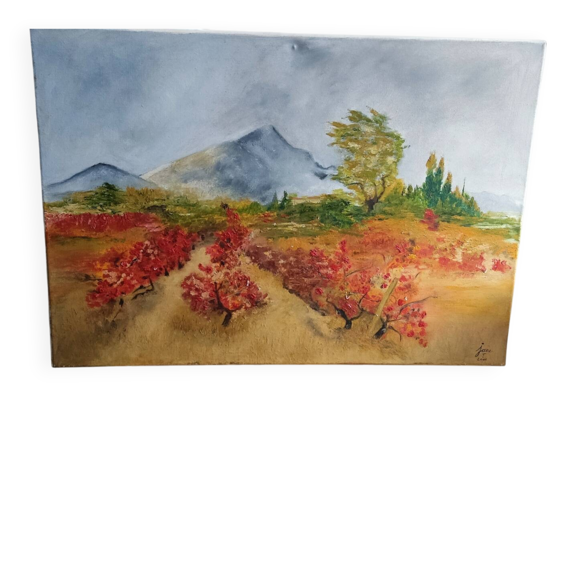 Textured autumn landscape painting – signed Jane – 70x50 cm