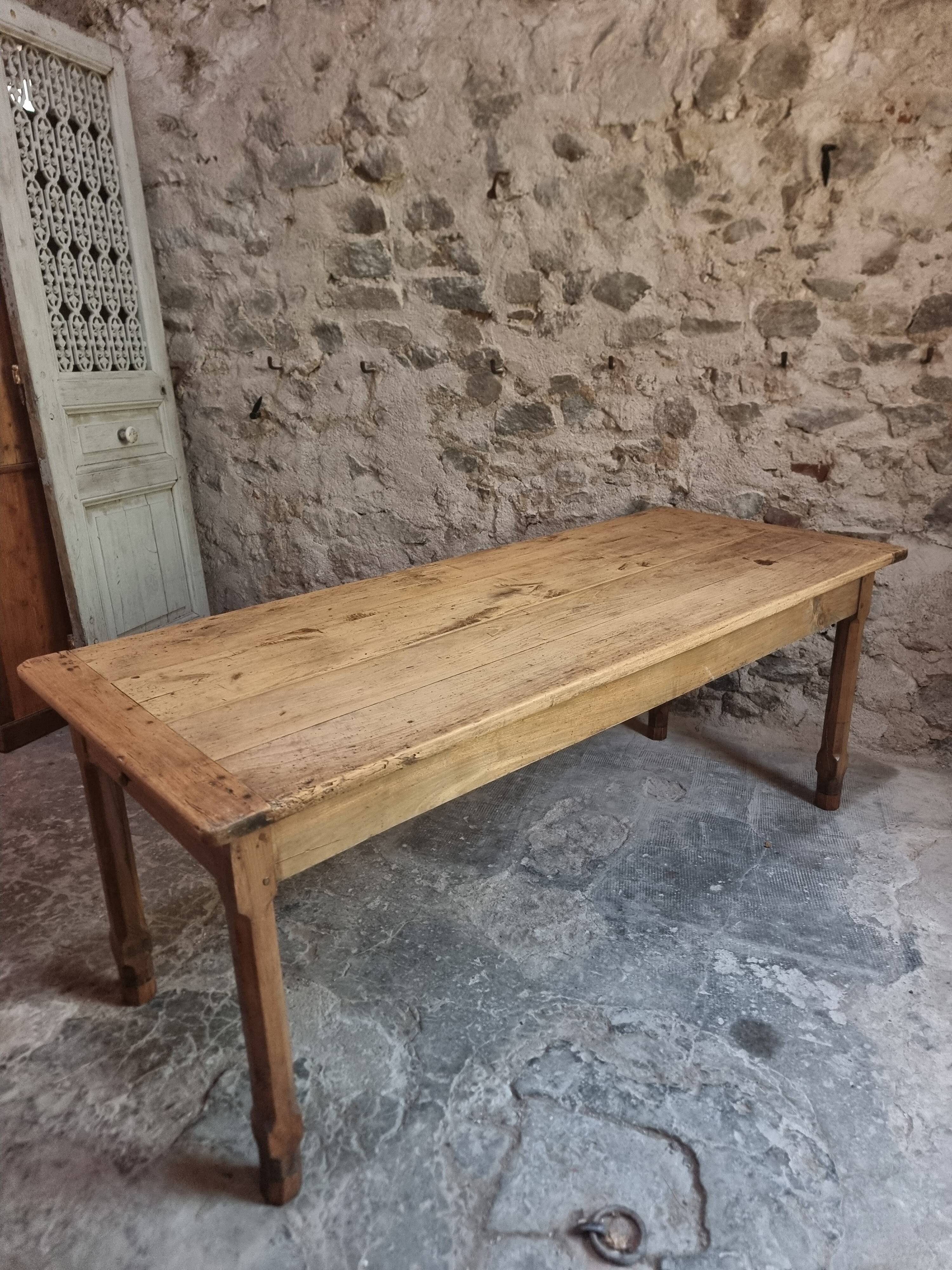 Old farmhouse dining table, rustic kitchen, poplar top, chestnut base, two drawers, 1800–1850.