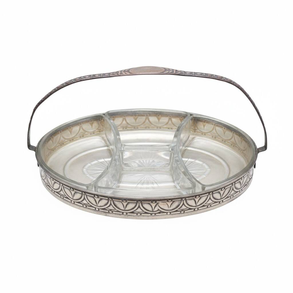 Art Nouveau serving dish plated in copper with removable glass inserts.