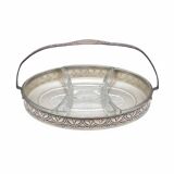 Art Nouveau serving dish plated in copper with removable glass inserts.