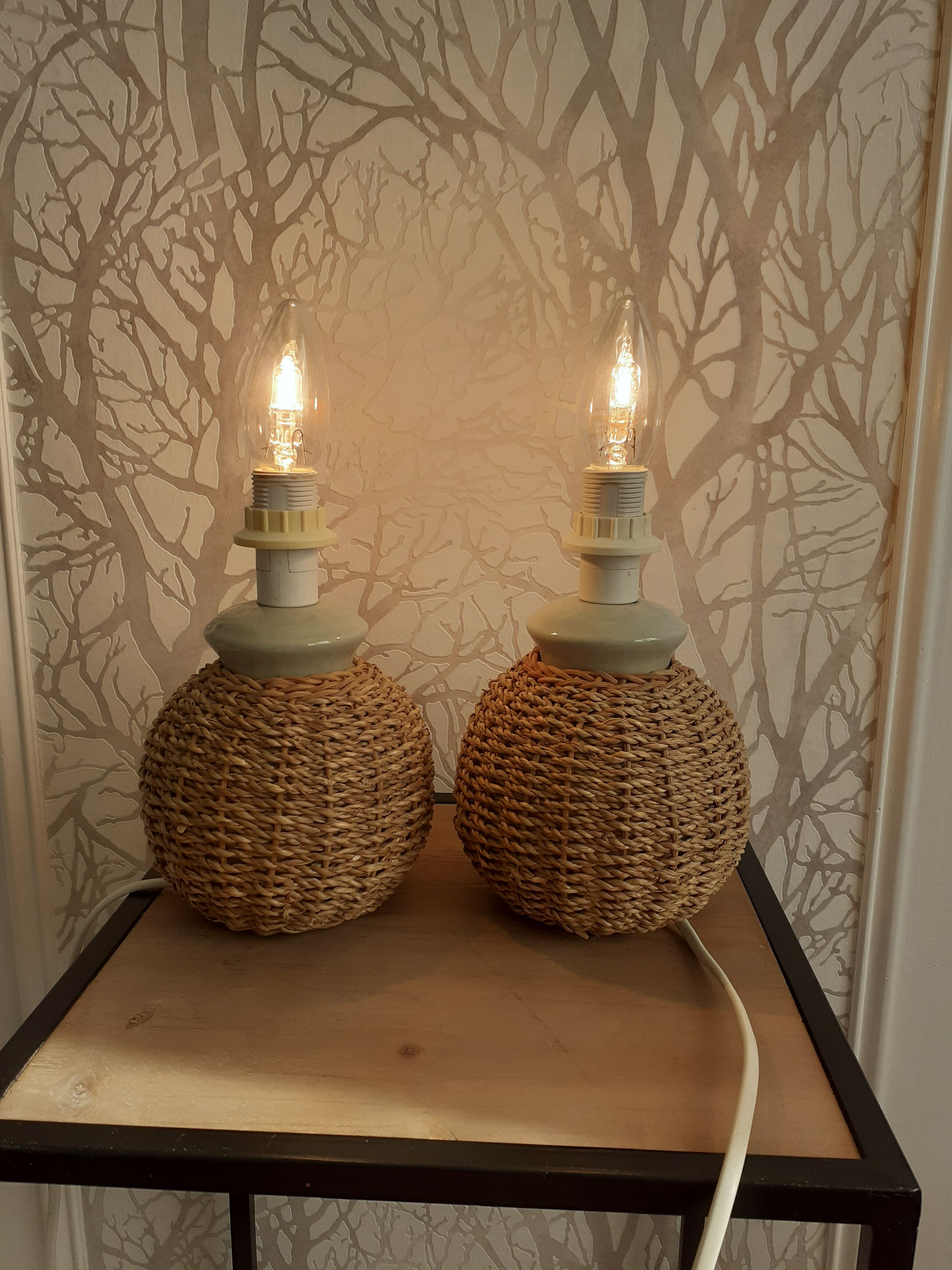 Pair of rope bedside lamps.