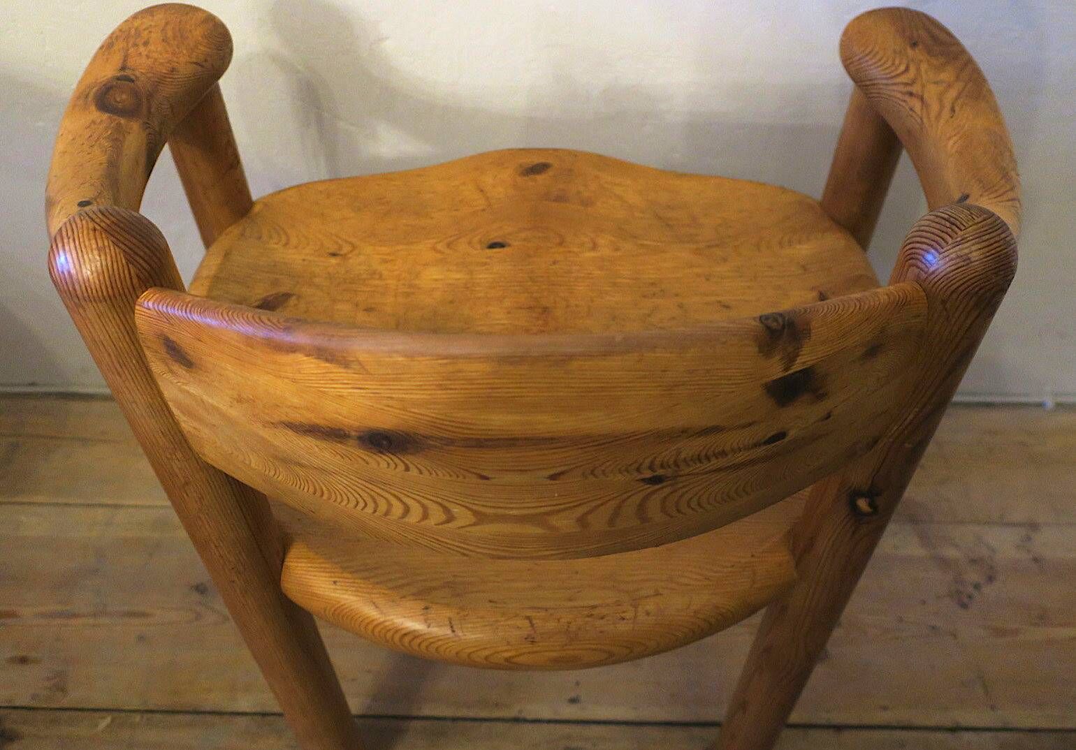 Pair armchairs and table in patinated pine  Rainer Daumiller attr., 1960s