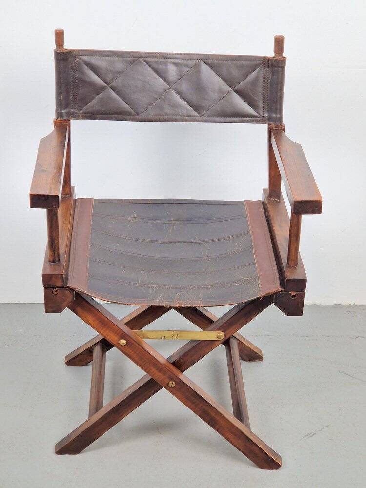 Vintage Director's Folding Chair in Wood and Leather, 1970s