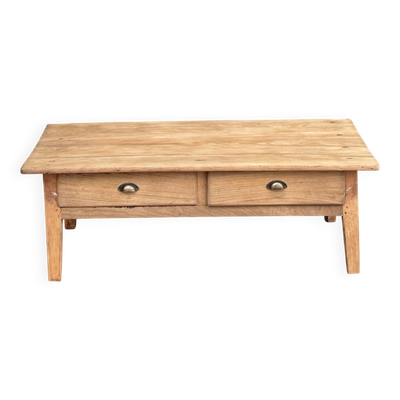 Table basse de ferme ancienne 2 tiroirs en bois massif brut