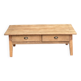Old farmhouse coffee table with 2 drawers in raw solid wood.