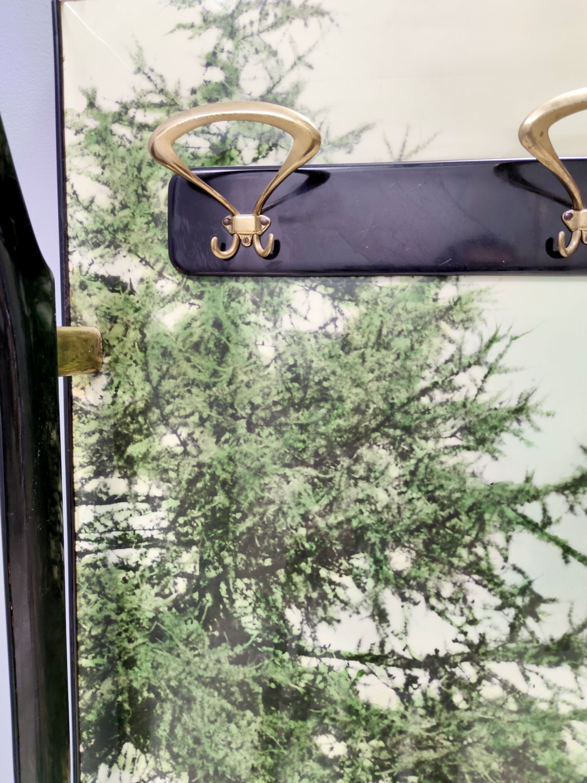 Vintage Ebonized Beech, Brass and Glass Coat Rack with a Landscape, Italy
