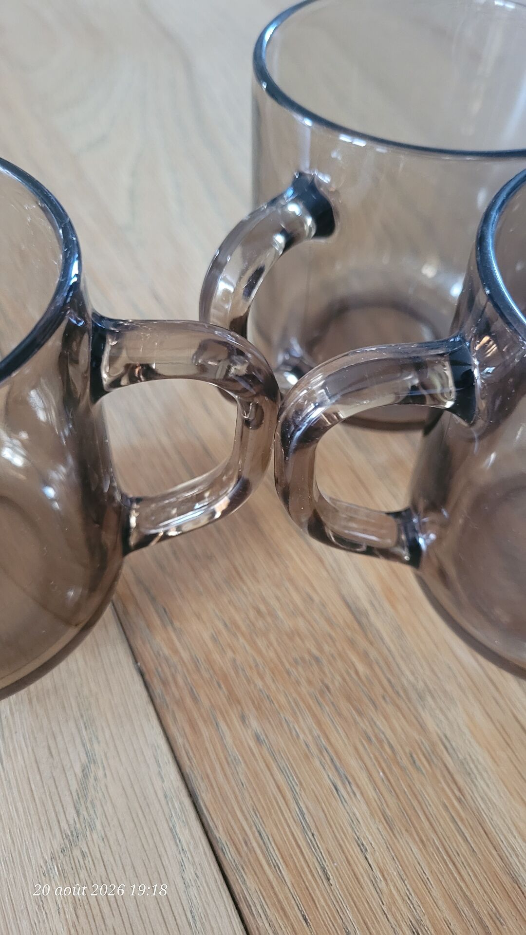 3 Arcoroc BP mugs in smoked glass