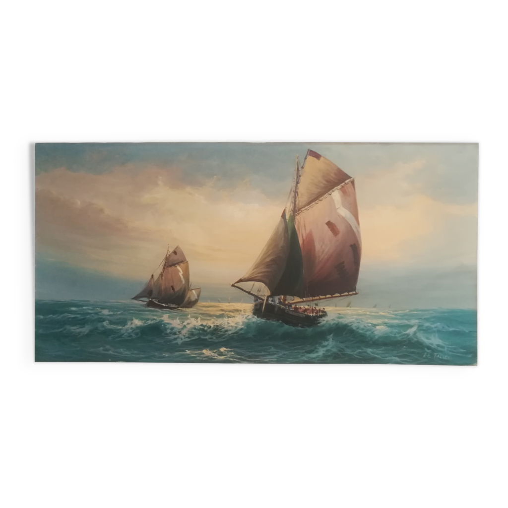 Tableau Ancien - Huile Sur Toile - Marine - Le Tallec - Côte Normande