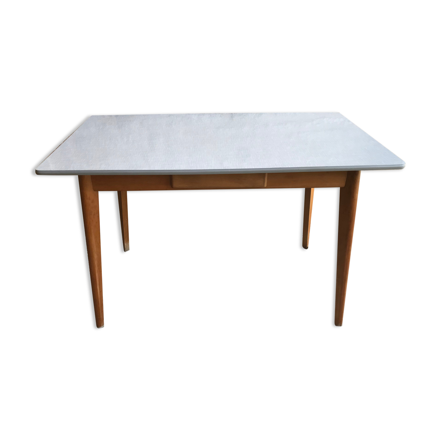 Table de cuisine 1960’s en formica et piétement compas bois