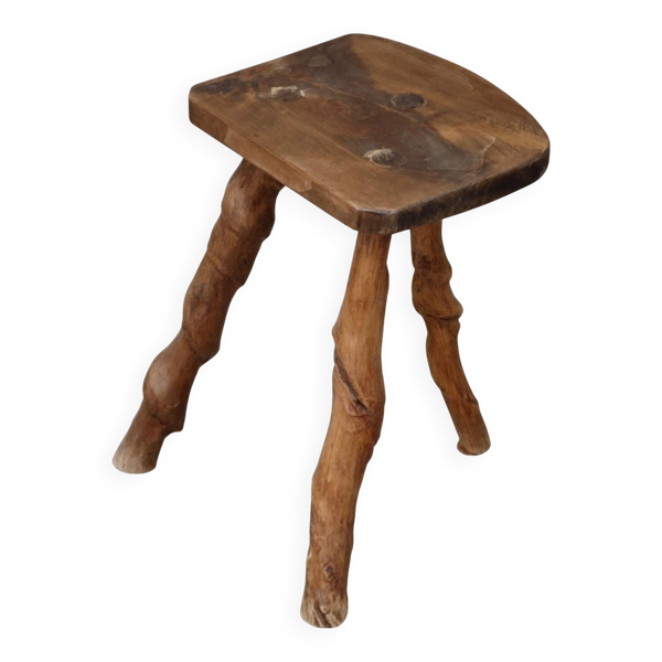 Tabouret ancien brutaliste en bois 1