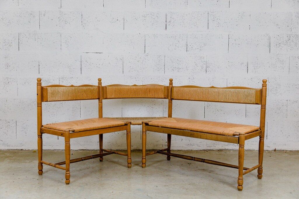 Wooden & straw corner bench