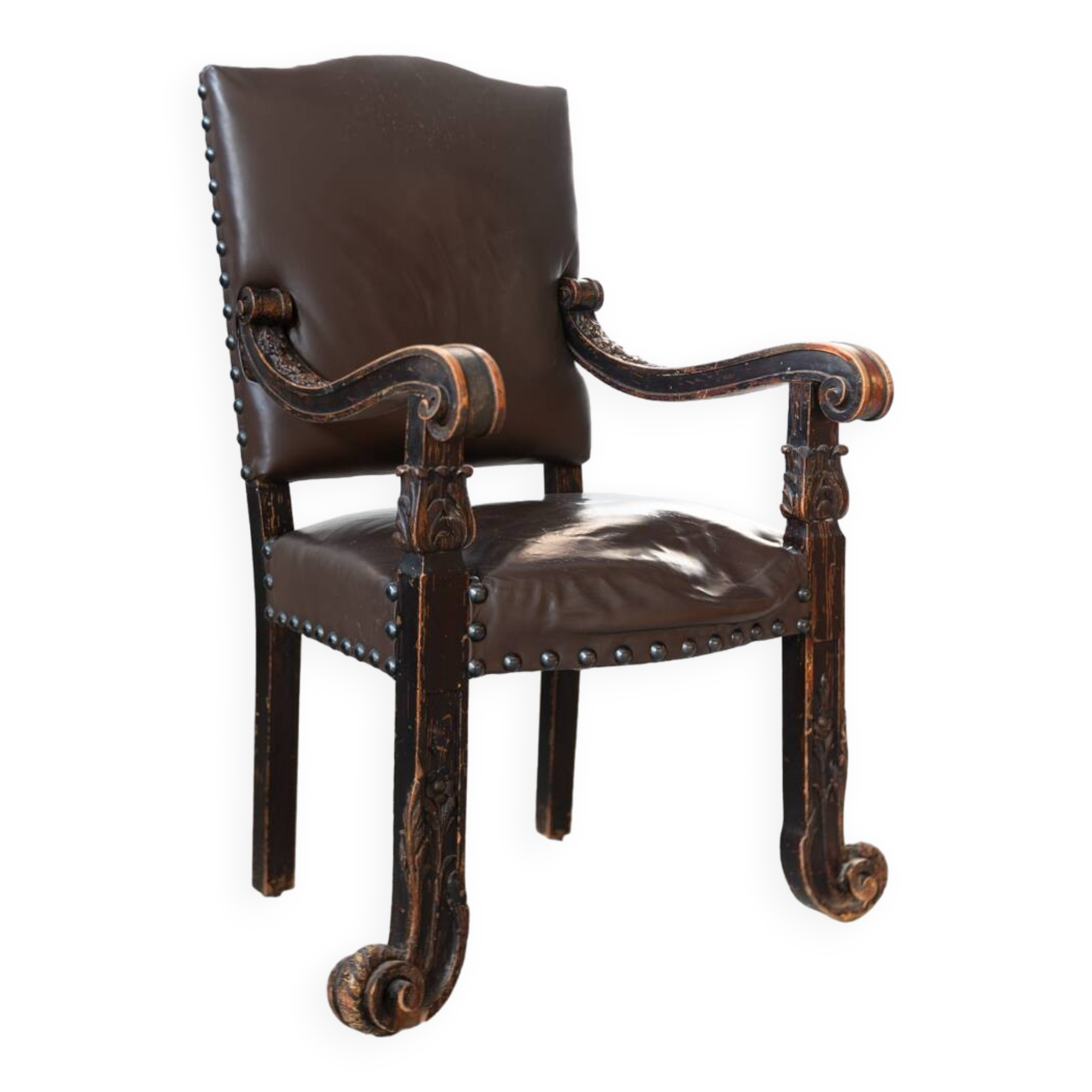 19th century beechwood, metal, and leather throne