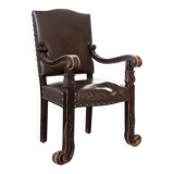 19th century beechwood, metal, and leather throne