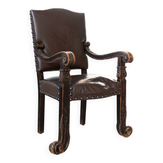 19th century beechwood, metal, and leather throne
