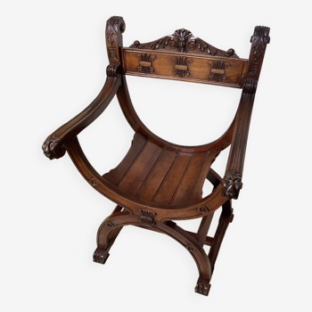 Gothic Curule Dagobert armchair in carved walnut 19th