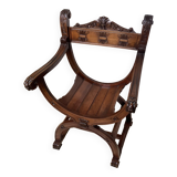 Gothic Curule Dagobert armchair in carved walnut, 19th century