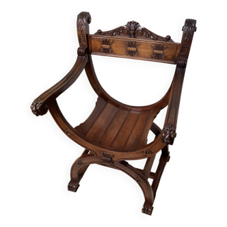 Gothic Curule Dagobert armchair in carved walnut 19th