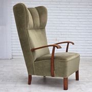 1960s, Danish highback armchair, furniture velour, oak wood.