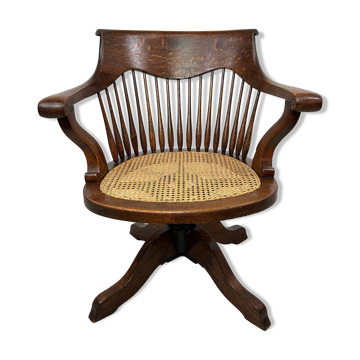 Chaise de bureau pivotante en chêne avec siège en rotin