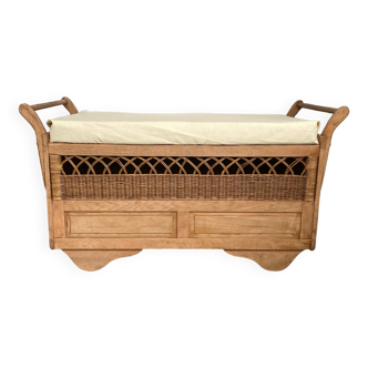 Wooden and rattan chest bench