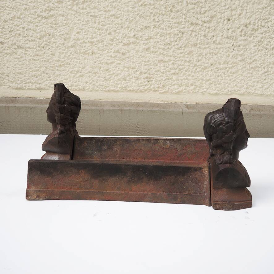 Antique Cast Iron Andirons: Bust of a Starry Woman