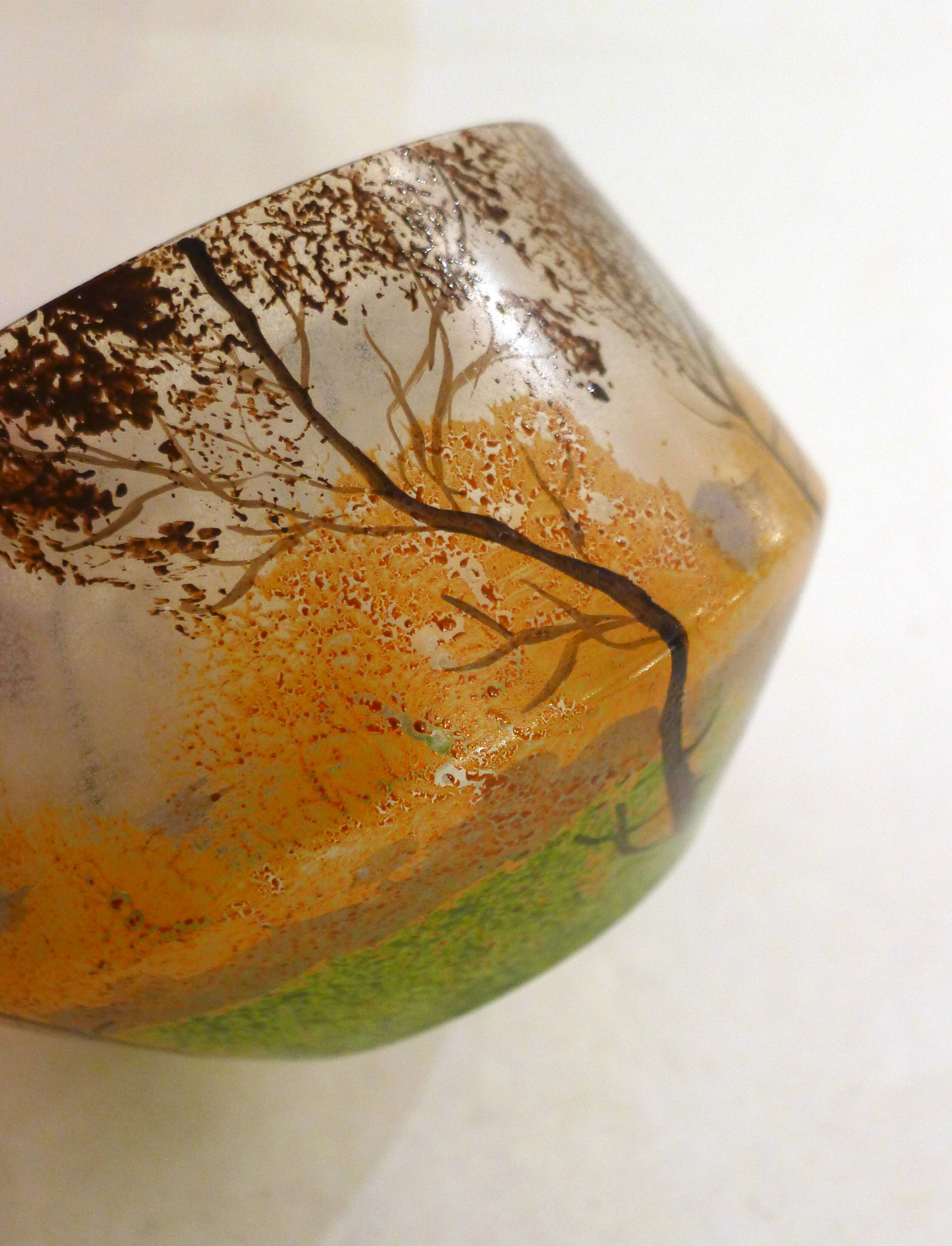 Small Art Nouveau enameled landscape vase/pot