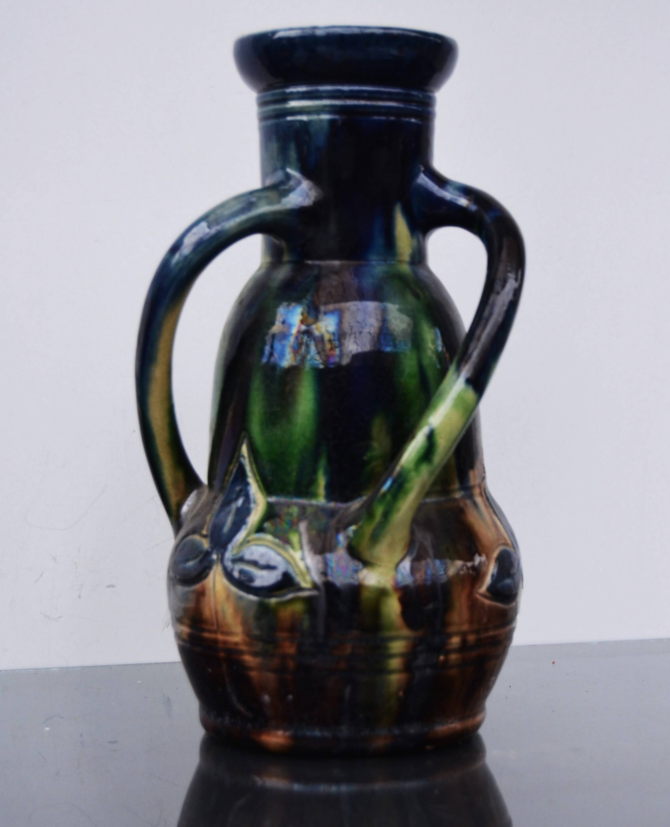 Art Nouveau Mini Vase Drip Glaze Faienceries Belgium with 3 Twisted Handles