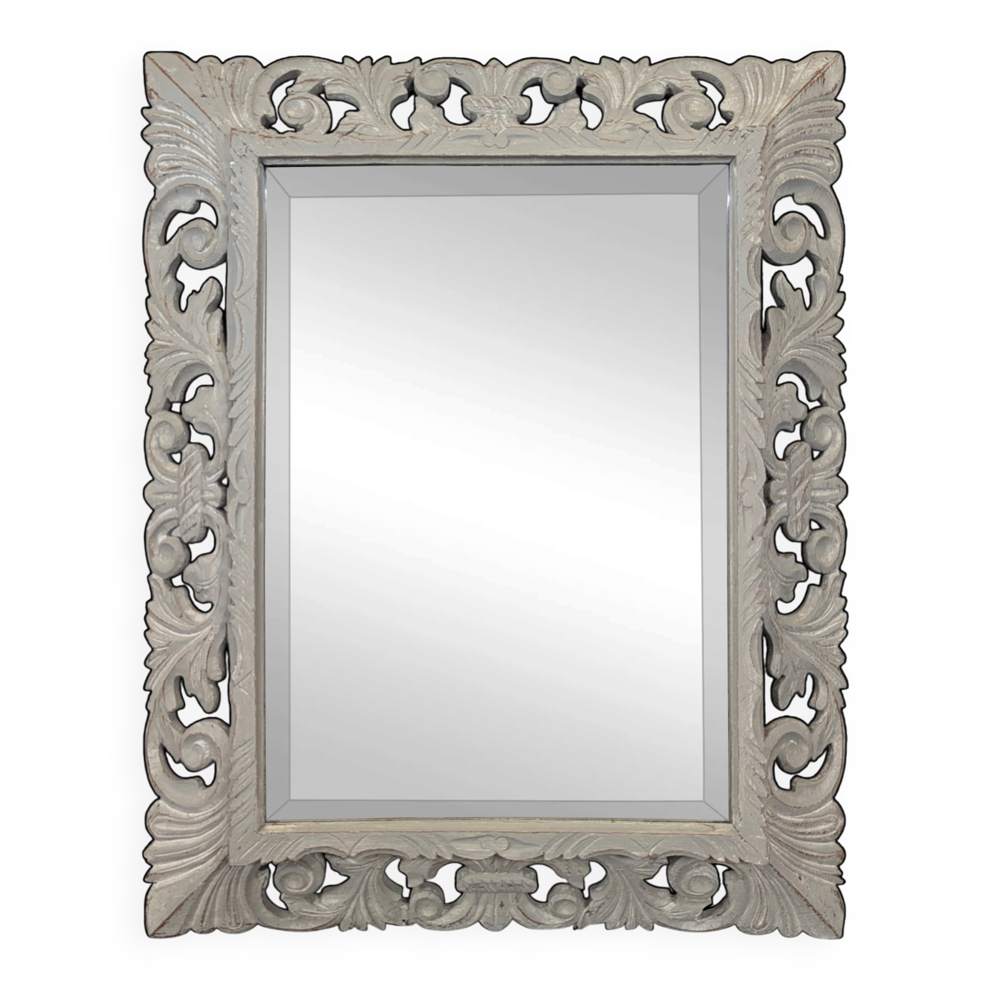Miroir à cadre en bois sculpté ajouré patiné gris