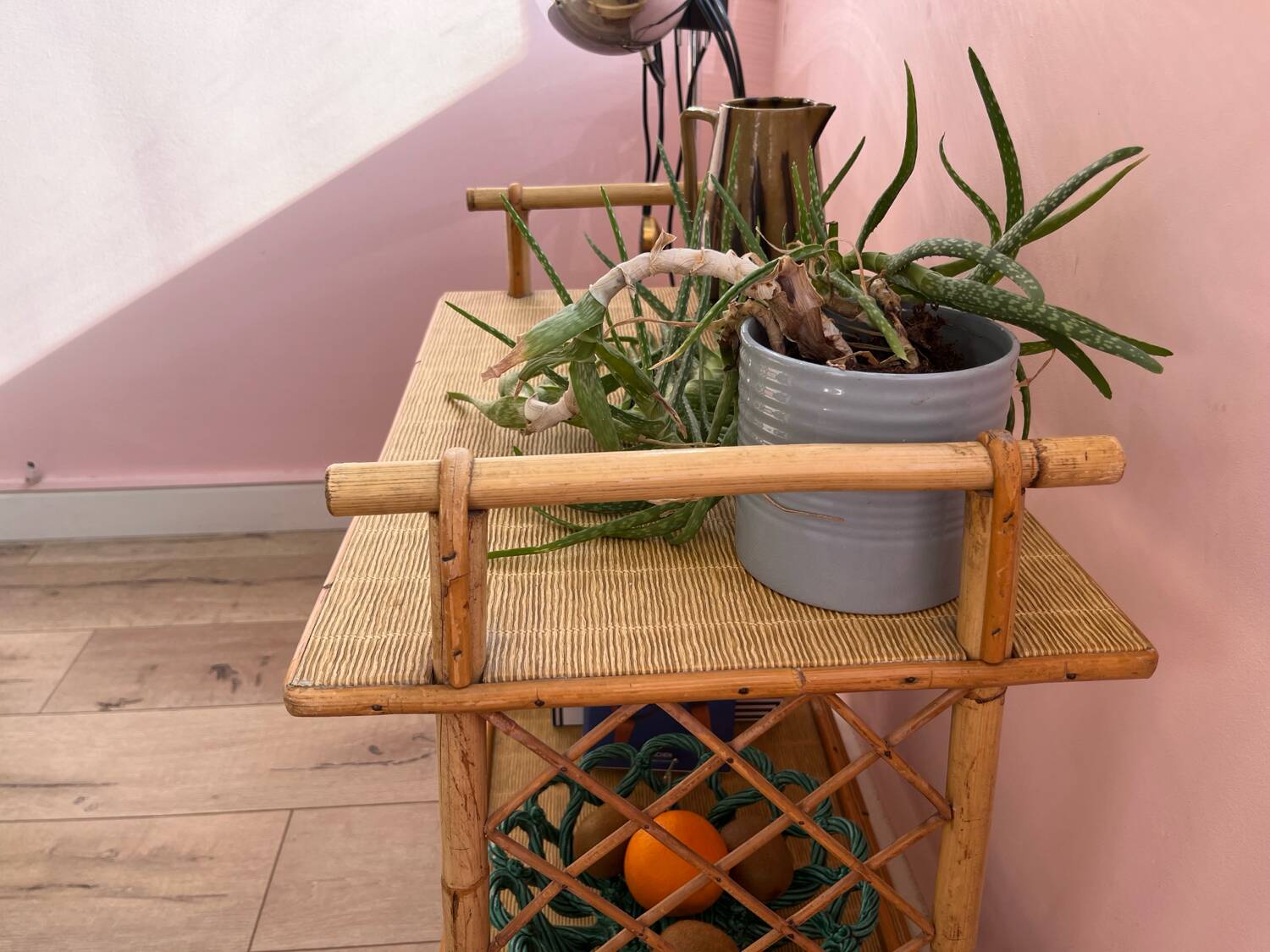Rolling side table, serving cart, vintage rattan and wicker 60.